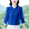 Linda Blusa de Chiffon para Mulheres, Novo Estilo de Verão, Elegante e Rejuvenescedora, Emagrecimento, Blusa de Manga Três Quartos, Camisa para Mãe de Meia-Idade