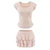 Camiseta de manga corta con cuello redondo, suave y a la moda, de nicho, para mujer, conjunto de dos piezas de falda de tarta de cintura alta, elegante y versátil, verano 2026