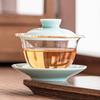 Taza de té de tres piezas con tapa de vidrio azul y blanco del fabricante, Tazón de té resistente al calor, Juego de té de cerámica, Tazón de té con tapa, Antiescaldado