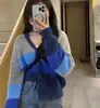 Estilo Coreano Otoño e Invierno Nuevo Cuello en V Combinación de Colores Estilo Holgado Perezoso Cárdigan de Punto para Mujer Versátil Suave Ceroso Suéter Rayado Chaqueta