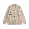 Suéter Cardigan com Urso Flocado de Gola V Masculino Estilo College Outono e Inverno Suéter Tendência Atacado de Fábrica Transfronteiriço
