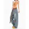 Novas calças scimitar vintage de outono estilo deserto lavadas com bordado de cogumelo jeans cartoon de rua largas e soltas