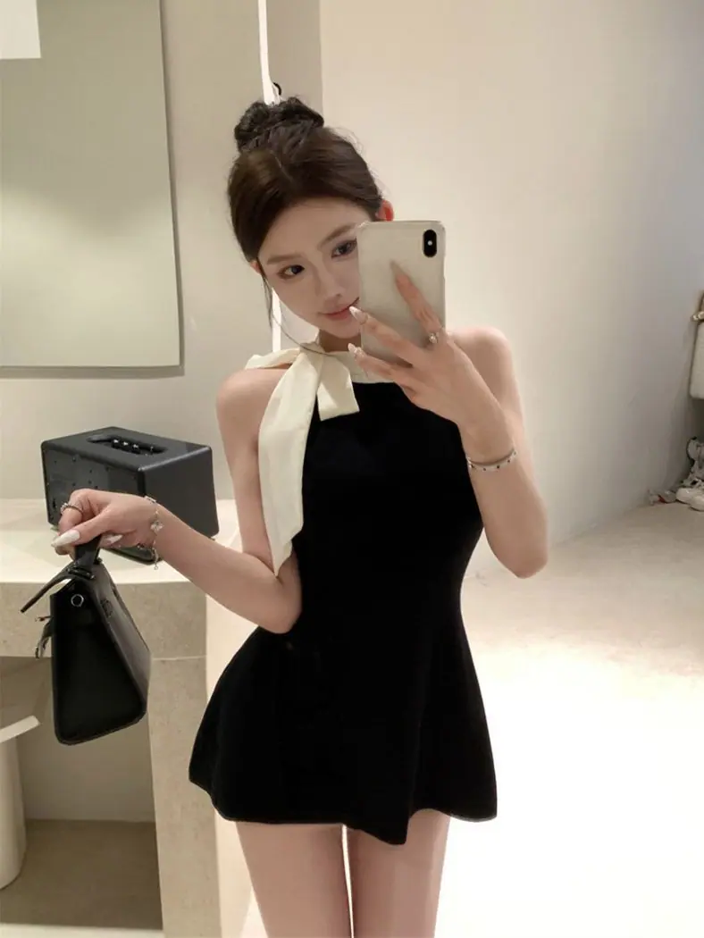 商品详情图_法式黑色无袖连衣裙女夏季新款超仙气质蝴蝶结显瘦短