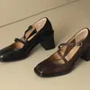Versión de Piel de Oveja~6cm Ultra Silenciosas de Nuevo Estilo Zapatos de Piel Genuina para Mujer con Tacón Grueso, Zapatos Pequeños de Piel Estilo Mary Jane Francés