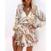 AliExpress Amazon Novo Vestido Estampado de Manga Longa com Decote V e Cintura Apertada