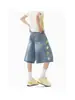 Calça Jeans Cropped Estampada Estrela Retro Americana Verão 2026 Fina Solta Lavada Shorts de Perna Larga