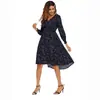 Amazon 2022 Primavera y Otoño Nuevo Vestido de Gasa Estampado Cuello en V Sexy Cintura Mangas Largas Falda de Baile Amplia Esmoquin