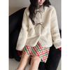 North Island WinterGeming Cor Blocos Retro Laço de Gravata Casaco de Pele Inverno Feminino Top N744C