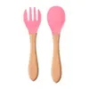 Vajilla de alimentación para niños de grado alimenticio Cuchara para comer bebé Tenedor Silicona Tazón Cuchara Tenedor de silicona para niños Cuchara con mango de madera
