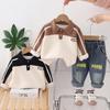 Traje de Primavera para Niños 2025 Nuevo Bebé Niños Combinación de Colores Otoñales Solapa de Botones Manga Larga Camisa POLO Conjunto de Dos Piezas