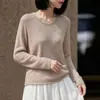 Suéter de tricô novo estilo outono feminino em Tencel linho com renda de lantejoulas, gola redonda, mangas compridas, top rosa estiloso