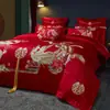 Set de Boda de Algodón con Bordado de Dragón y Fénix Juego de Varias Piezas Habitación de Boda Set de Cuatro Piezas de Algodón de Fibra Larga Ropa de Cama Festiva Roja para Boda