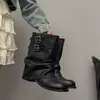 Primavera e Outono de 2026 Novo Estilo Coreano Cor Sólida Retrô Fivela Dupla Botas de Cowboy Ocidentais Botas de Couro Macio Acima do Joelho
