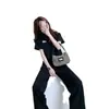 571# Conjunto Esportivo Casual Feminino 2023 Verão Novo Roupa de Celebridade da Internet top curto + calça pantalona conjunto de duas peças