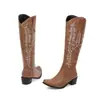Botas Western Femininas para Comércio Exterior, Tamanhos 34-45, Botas de Couro de Cano Alto Transfronteiriças Outono-Inverno, Botas Femininas de Salto Alto com Bico Redondo e Sem Cadarço, Tamanho Grande