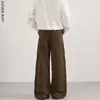 Calça Cargo Wide-Leg Americana Retrô Desgastada para Homens e Mulheres, Design Desconstruído, Calça Casual Solta Plissada de Comprimento Total