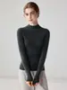 Suéter de cashmere canelado de gola semi-alta simples e elegante para mulheres, cor sólida, caimento justo, macio, suéter base de lã de manga comprida