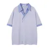 Camisa Polo Falsa de Duas Peças Color Block com Decote V Masculina Verão Tendência Marca Design Sense Estilo Preguiçoso Listras Verticais Gola Manga Curta Camiseta