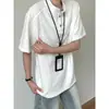 Camiseta branca estilo americano com gola Henry de manga curta para homens e mulheres, início do outono, ombro regular, POLO, toque de alta qualidade, camiseta base, estilo ins japonês