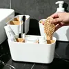 Caja de almacenamiento compartimentada de bambú y madera, soporte de escritorio desmontable para cepillos de dientes, soporte para pasta de dientes, organizador de papelería y control remoto, almacenamiento para baño