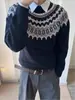Malha Tricô Fair Isle de Design de Nicho com Sensação Preguiçosa e de Alto Padrão, Suéter Gola Redonda Tricô Jacquard Estilo Étnico para Mulheres