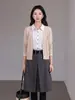 Saia Midi de Lã Feiyuan Feminina com Bolinhas, Corte Evasê, com Cinto e Zíper nas Costas, Nova Moda Versátil Cinza para Outono e Inverno