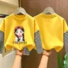 Camiseta de algodão puro de manga longa para meninas, estilo primavera e outono, corte solto, blusa base estilo duas peças falsas, gola redonda estilosa para meninas