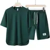 Conjunto de dos piezas: Camiseta de manga corta y pantalones cortos, transpirables y frescos, para hombre, casual deportivo de verano, pantalones cortos de corte holgado con cuello redondo