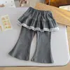 Calça saia estilo coreano para meninas, nova coleção de outono, calça flare moderna e estilosa com acabamento em renda, tendência para bebês meninas