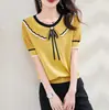 Camiseta de verão estilosa e jovem com gola boneca, top chique e sofisticado, camisa de tricô de seda gelada de manga curta estilo francês