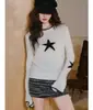 Suéter jacquard MIU com contraste preto e branco de pentagrama, mangas sino, acinturado, top único, bonito, que rejuvenesce e emagrece para mulheres