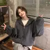 Design Estilo Americano Peso Pesado Retrô Com Capuz Feminino Outono e Inverno Solto Casual Estilo Básico Tendência Marca Jaqueta Cardigan com Zíper