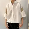 Nova camisa masculina de verão de manga curta com color blocking, luxo leve, corte solto, camisa de seda gelada de manga média fresca e com bom caimento