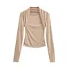Camiseta Larga de Manga Larga con Pliegues de Doble Capa Estilo Minimalista Puro Deseo para Mujer, Nueva Camisa Base Ajustada de Primavera