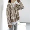 Cardigan Tejido de Punto de Color Contrastante con Cuello en V y Patrón de Rombos Grueso Holgado Estilo Coreano Retro Elegante Ins para Mujer