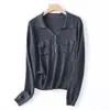 Top Sencillo de Cuello Solapa y Manga Larga con Bolsillo de Diseño 3D, Camisa Base Versátil y Elegante para Mujer en Primavera y Otoño, Mayoreo
