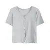 2024 Camiseta de Manga Corta para Mujer de Verano Versátil Moda Simple Casual Ajustada de Botones Corta Top de Hombro