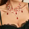 Colar Gótico Estilo Cruzado Europeu e Americano com Pérolas Artificiais Manchas de Sangue Pingente de Cristal Manchas de Sangue Halloween Colar de Clavícula