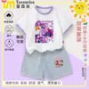 Conjunto de Camiseta de Manga Corta con Bloques de Color de Chica Bruja Kpop Girls, Nuevo Estilo de Verano para Niños Mayores, Conjunto de Verano con Shorts de Mezclilla