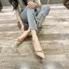 Sandálias de Salto Alto com Malha de Strass Verão 2025 Estilo Coreano Bico Fino Chinelos Fechados Emagrecimento Elegante Sapatos Femininos Estilo Coreano Item Quente