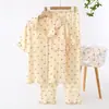 Atacado Dropshipping Gola Estampa de Morango Manga Curta Calça Longa Algodão Puro Crepe Pijama Feminino Confortável Pode Ser Usado Fora Pijama