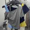 Camiseta de Manga Corta para Mujer con Diseño Irregular y Empalme de Color Contrastante, Aspecto de Dos Piezas Falsas, Top Básico para Verano 2025, Efecto Adelgazante