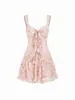 Vestido Camisola Floral Rosa Melocotón con Encaje y Pliegues en Forma de Corazón en la Espalda, Vestido Corto Fruncido Adelgazante