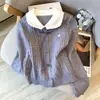 Suéter de punto azul estilo coreano con botones, lazo, cuello de muñeca y manga larga para mujer, top dulce de otoño ajustado