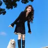 Vestido de malha preto de manga comprida estilo Hepburn francês para mulheres, outono elegante com acinturamento lindo vestido curto