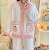 Pijama Urso Morango Feminina Outono e Inverno Quente Fleece Coral Desenho Animado Espessado Camisola Estendida Estudante Solta Roupa de Casa