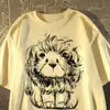 Camiseta de seda de leite com estampa de leão estilo americano, manga curta, para homens e mulheres, moda de rua de verão, top largo e solto