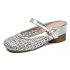 Versión de Cuero Suave ~ Zapatillas de Media Punta con Corte en la Puntera para Aumentar la Altura Interior para Mujer Verano Calzado Exterior Zapatos de Playa Sandalias Mary Jane Tejidas