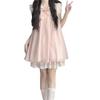Conjunto Versátil de Manga Bufante Menina Fada Rosa para Crianças Maiores, Novo Estilo de Verão, Saia Média, Blusa sem Manga de Renda, Conjunto de Verão
