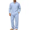 Conjunto de camisa de lino de manga larga simple para hombre, informal, para casa, para ir al trabajo, para vacaciones, estilo europeo y americano, transfronterizo, otoño, corte holgado, venta al por mayor